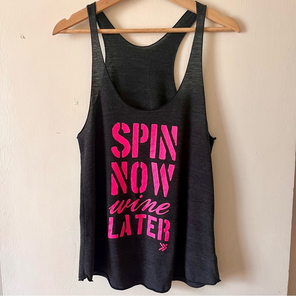 American Apparel Spin Now Wine Later Racerback Tank Top, Grey & Pink, Size L